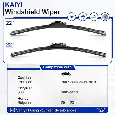 KAIYI 22" + 22" Windshield Wipers Compatible with Cadillac Escalade 2002-2006 2008-2019,Chrysler 300 2005-2010,Honda Ridgeline 2011-2014 Premium Automotive Replacement Windshield Wiper Blades 2 Pack