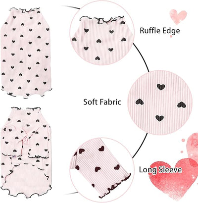 Pet Clothes for Small Dogs Cat Summer Fall Heart Print Shirt Stretchable Ruffle Long Sleeve Outfits for Chihuahua Schnauzer Shih Tzu Yorkie (Pink, Large)