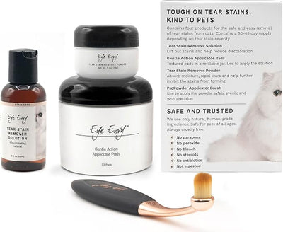 Eye Envy Cat Tear Stain Remover Starter Kit with ProPowder Brush. Stain Solution, Applicator Pads, Stain Powder, and Small Applicator Brush. Tear Stain Cleaning Kit. Lasts 30-45 Days. Made in USA.