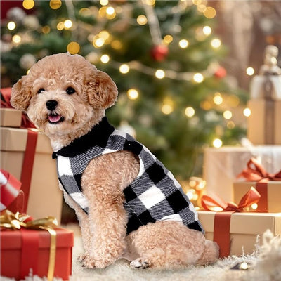Rbenxia 1 PC Plaid Dog Sweaters with Leash Ring Soft Fleece Vest Dogs Pullover Warm Jacket Pet Dogs Clothes Winter Dog Outfits for Small Puppy Cat Pets (Black and White, X-Small)
