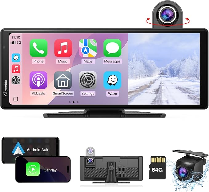 Carpuride W904 Wireless Carplay & Android Auto with Dash Cam | 10.26" HD IPS Touch Car Play Screen for Car, 4K Front & 1080P Rear Camera, Loop Recording, Bluetooth Audio, Mirror Link, GPS