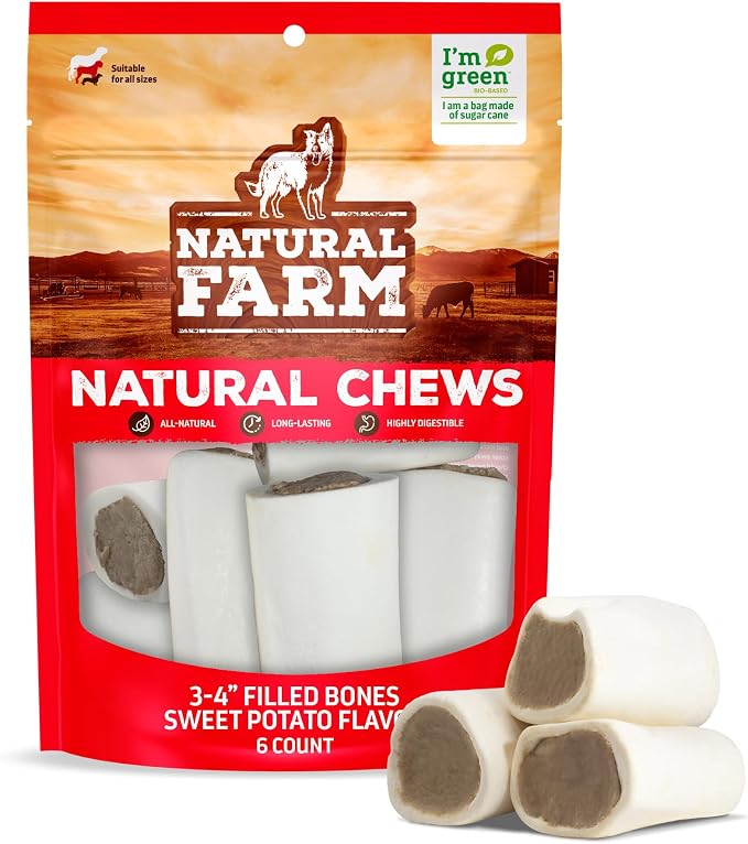 Sweet Potato Filled Bones (3-4 Inch, 6 Pack), Limited Ingredient, Natural Stuffed Dental Dog Bone Treats for Dogs, Made with Real Beef & Sweet Potato
