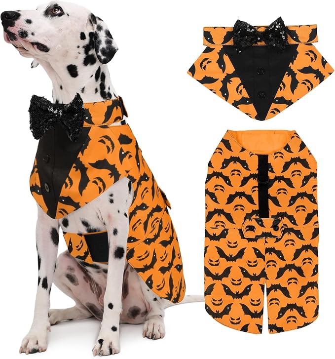 Dog Tuxedo Suit and Bandana Set, Bat Pumpkin Print Dogs Halloween Outfit Adjustable Dog Halloween Costume with Bow Tie for Large Medium Small Dogs Golden Retriever Samo Bulldogs, Orange XL
