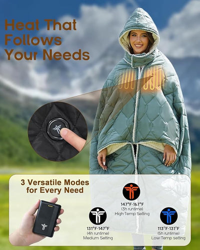 Heated Blanket Battery Operated with Hood, 12V Cordless Wearable Camping Outoor Office Blanket with Storage Bag（12V 15000mAh Battery & 70x50in Large Size）