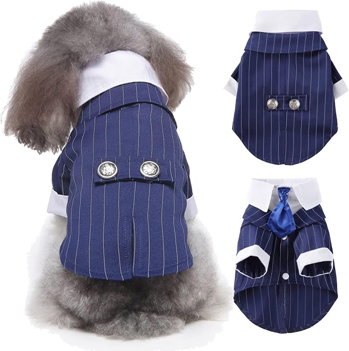 QBLEEV Dog Tuxedo Suit with Bow Tie, Formal Black & White Striped Dog Costume Outfit, Doggy Tux Prince Dress for Wedding Party Birthday Holiday, Elegant Dogs Attire for Maltese Dachshund Yorkie