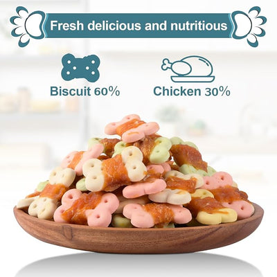 Chicken Wrapped Biscuit Dog Treats, Rawhide Free Puppy Chews, 8oz | 30% real poultry; 60% baked core; 15% protein; easily digestible bite size pieces; ideal for daily obedience rewards