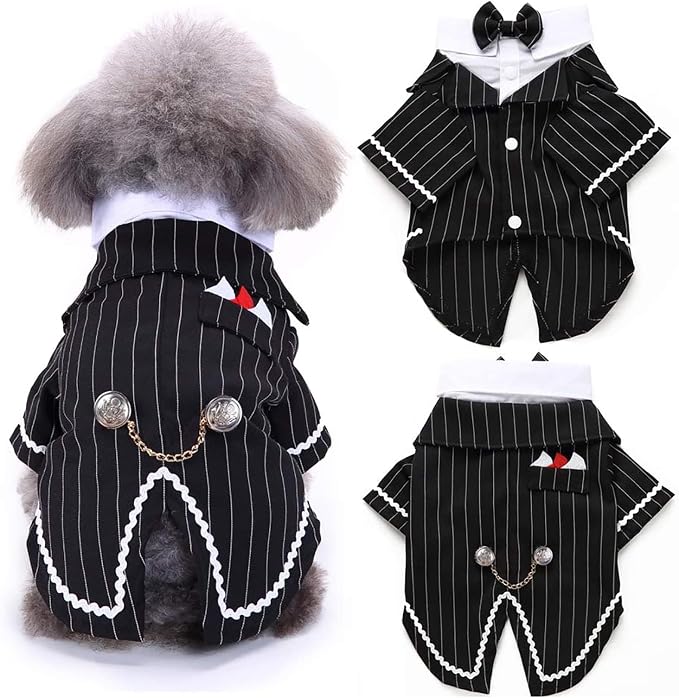 Dog Tuxedo Suit with Bow Tie, Formal Black & White Striped Dog Costume Outfit, Doggy Tux Prince Dress for Wedding Party Birthday Holiday, Elegant Dogs Attire for Maltese Dachshund Yorkie