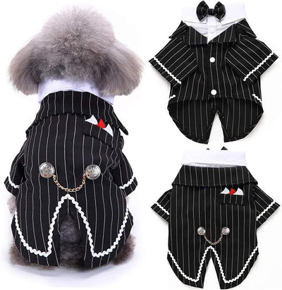 QBLEEV Dog Tuxedo Suit with Bow Tie, Formal Black & White Striped Dog Costume Outfit, Doggy Tux Prince Dress for Wedding Party Birthday Holiday, Elegant Dogs Attire for Chihuahua Yorkie Shih Tzu