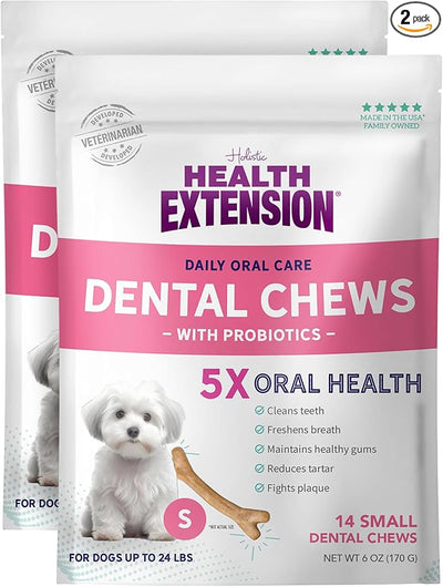 Health Extension Probiotic Dental Bones for Dogs, 14 Small Bones, Cleans Teeth, Healthy Gums, Freshens Breath, Training or Reward, 6 oz Bag (Pack of 2)