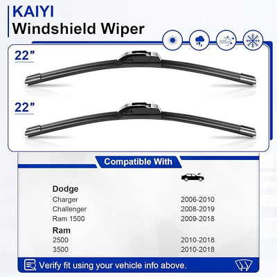 KAIYI 22" + 22" Windshield Wipers Compatible with Dodge Charger 2006-2010,Challenger 2008-2019,Ram 1500/2500/3500 2010-2018 Premium Automotive Replacement Windshield Wiper Blades 2 Pack