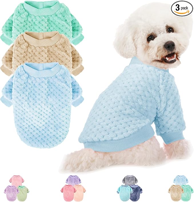 POMIU Dog Sweater, Dog Sweaters for Small Medium Dogs or Cat, Warm Soft Flannel Pet Clothes for Dogs Girl or Boy, Dog Shirt Coat Jacket (Ice Blue+Light Coffee+Teal, Medium)
