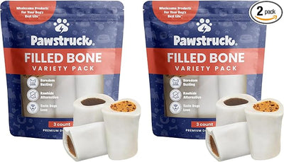 Pawstruck Small 3” Filled Dog Bones Variety Pack - Peanut Butter, Cheese & Bacon, Beef Flavors - Made in USA Long Lasting Stuffed Femur Treat for Aggressive Chewers - Pack of 6 - Packaging May Vary