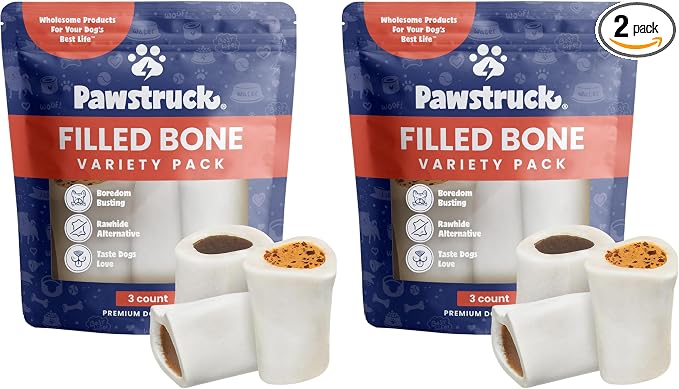 Small 3” Filled Dog Bones Variety Pack - Peanut Butter, Cheese & Bacon, Beef Flavors - Made in USA Long Lasting Stuffed Femur Treat for Aggressive Chewers - Pack of 6 - Packaging May Vary