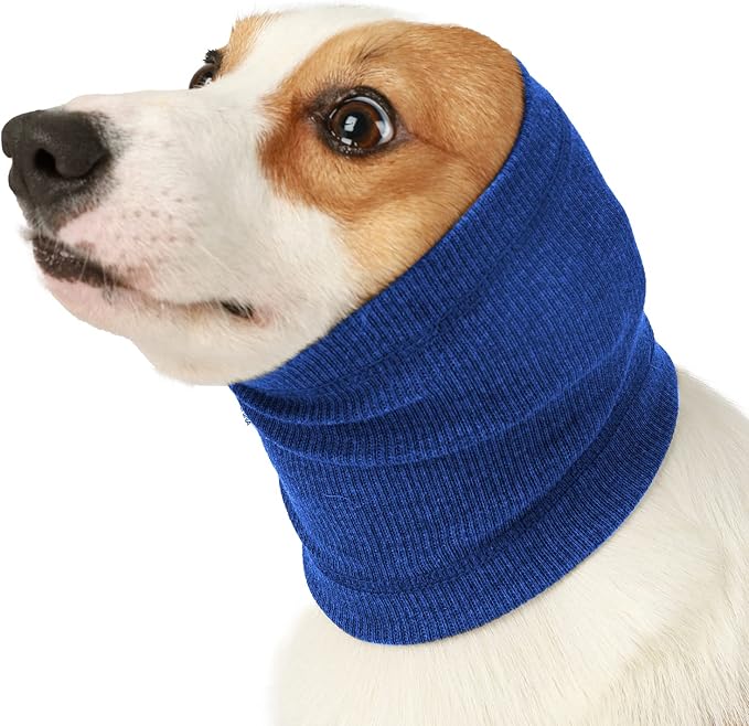 Dog Head Wrap - No Shake Quiet Ears for Dogs Anxiety Relief, Original Ear Covers Pet Calming Hoodie for Thunder, Lightning, Fireworks, Vet Visits, Grooming, High Stretch Ribbed Fabric, Blue L