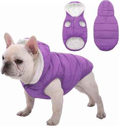 SAWMONG Waterproof Dog Winter Coat, Warm Fleece Lined Dog Jacket with Hood, Windproof Puppy Coat, Pet Apparel Vest Outdoor&Indoor Winter Activities(Purple,XL)
