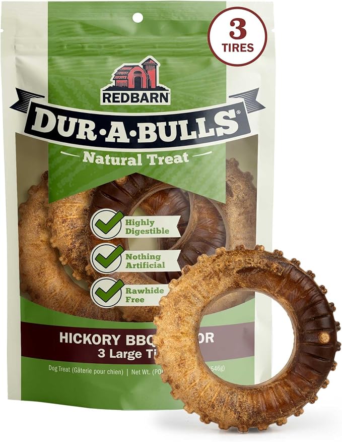 Natural Dur-A-Bulls Treats for Dogs - 3 Large Tires - Hickory Flavor - Made in USA Long Lasting 100% Digestible No Artificial Ingredients or Plastic