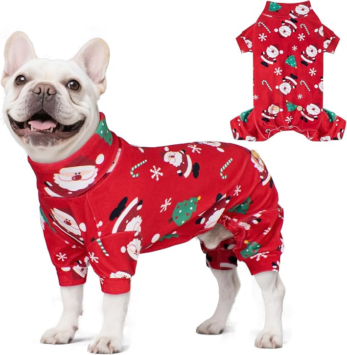 Christmas Dog Pajamas Santa Claus Turtleneck Dog Pjs for Small Dogs Holiday Pet Onesie Soft Velvet 4 Legs Cozy Pet Sleepwear Warm Doggie Christmas Outfit, X-Large
