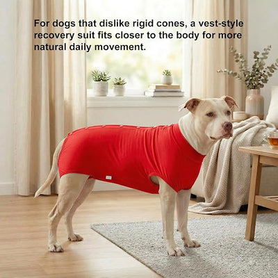 LovinPet Dog Recovery Suit, Easy Snap-Back Cover for Large Dogs, Bodysuit for Female Dogs, Solid-Color Surgery Suit with Cushioned Belly Panel, Red, XL