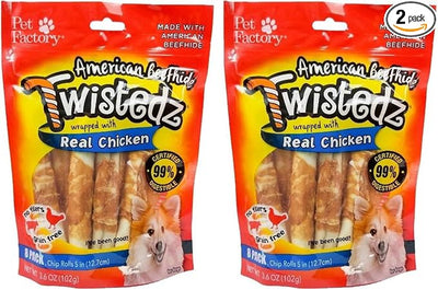 Pet Factory Twistedz American Beefhide 5" Chip Rolls Dog Chew Treats w/Real Chicken Meat Wrap - 8 Count/2 Pack