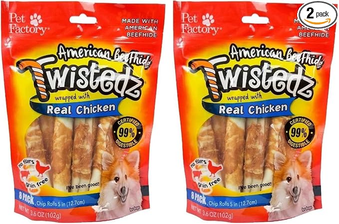 Pet Factory Twistedz American Beefhide 5" Chip Rolls Dog Chew Treats w/Real Chicken Meat Wrap - 8 Count/2 Pack