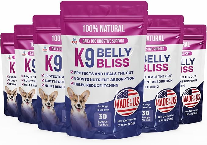 Pup Labs K9 Belly Bliss, All-Natural Gut Health for Dogs, Vet Approved Prebiotic for Dogs for Daily Digestive Support & Dog Constipation Relief, Topper for Dry & Wet Food, 6 Pack with 30 Scoops Each.