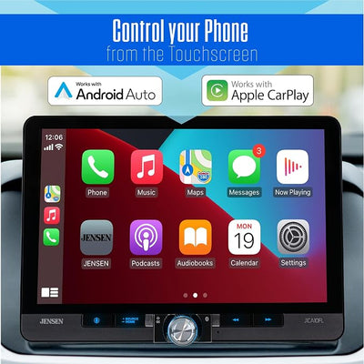 Jensen J1CA10FL-R 10.1" Wireless Apple CarPlay Android Auto LED Light Ring | Customizable LED light ring, fits single or double DIN, wired or wireless Certified CarPlay, front and rear camera inputs