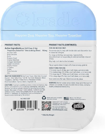 Kradle Skin Recovery Chews for Dogs - for Itchy Skin Relief and Seasonal Allergy Support - Biotin Collagen Brewers Yeast - 75 Chews