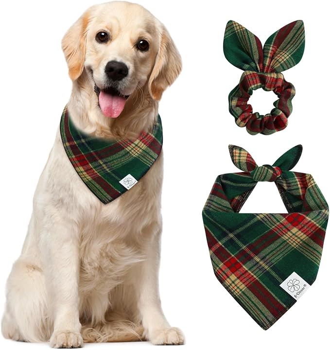 Christmas Cute Dog Bandanas Plaid Dog Bandana Matching Scrunchie Pet Kerchief Scarf for Medium Large Dogs Boy Girl Green Red