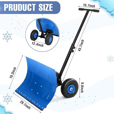 Snow Shovel for Driveway with Wheels, 29.1" W x 19.3" H, Heavy Duty Snow Pusher, Snow Plow Shovel Rolling, Adjustable Angle & Height Carbon Steel Metal Blade, for Snow Removal Clear, for Garden, Deck