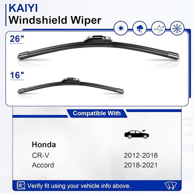 KAIYI 26" + 16" Windshield Wipers Compatible with Honda CR-V CRV 2012-2016,Accord 2018-2021 Premium Automotive Replacement Windshield Wiper Blades 2 Pack