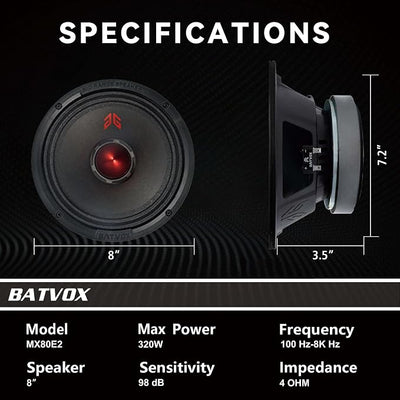 MX80E2 Midrange Loudspeaker 8" Red Bullet, 640W Max, 4 Ohms, Premium Quality Audio Door Speakers for Car or Truck Stereo Sound System, Black (2 Speaker)