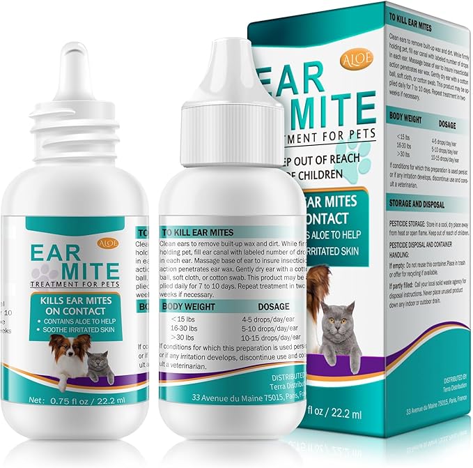 Ear Mite Treatment for Dogs & Cats,Cat Ear Mite Treatment with Aloe Vera,Relief for Dogs and Cats Suffering from Ear Mites,100% Natural Ears Drops for Dog & Cat,Aloe Ear Mite,Safe for Pets 0.75oz | Ear Mite Treatment for Dogs & Cats,Cat Ear Mite Treatment