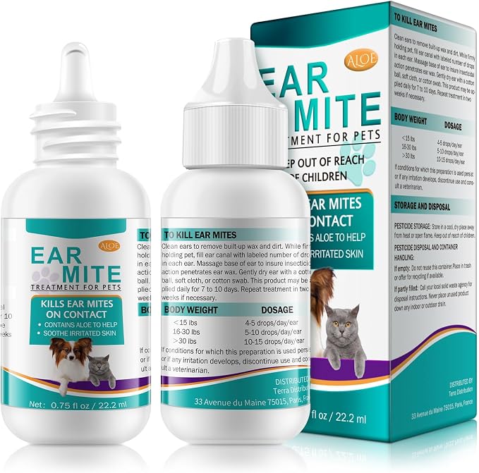 Ear Mite Treatment for Dogs and Cats, Dog Ear Infection Treatment, Cat Ear Mite Treatment, Ear Mite Drops Sooths Ears with Aloe, Natural Ear Drops for Dogs, 0.75 Fl Oz