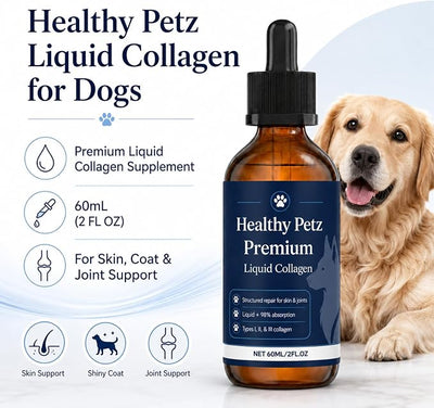 Healthy Petz Premium Liquid Collagen for Dogs Collagen Drops for Dogs with Hyaluronic Acid & Vitamin C, Daily Skin & Joint Wellness Support, Easy-to-Serve Liquid Formula, 2 fl oz / 60 mL