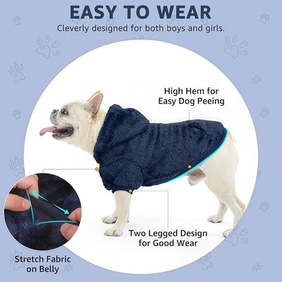 SCENEREAL Fleece Dog Sweaters Hoodie for Small Medium Large Dogs Girls Boys, Plush Fuzzy Dog Clothes Hoodies with Leash Hole, Winter/Fall Puppy Cold Weather Coat, Sherpa Hooded Sweatshirt, Navy S