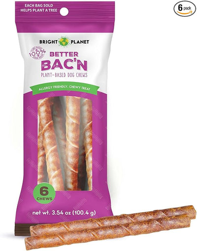 | Better Bac'n Vegan Dog Chews 6ct | Long Lasting Chew | Hypoallergenic Allergy-Friendly Plant-Based | Made in USA
