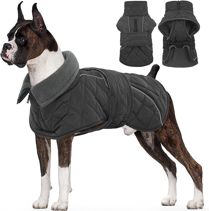 Dog Winter Coat Waterproof Dog Snow Jacket, Warm Fleece Lined Pet Turtleneck Snowsuit Puppy Cold Weather Coats with Harness Hole, Adjustable Winter Vest for Medium Large Dogs, Grey, L