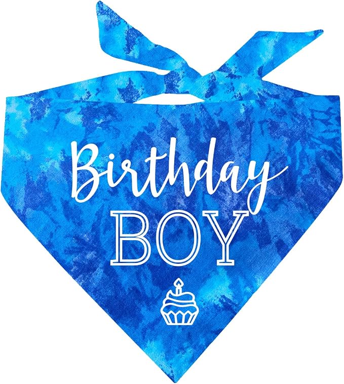 Birthday Boy with Cupcake Dog Bandana | 100% Cotton Tie Dye | Made in USA | Birthday | Pawty | Party Theme | Celebration Supplies | Photoshoot | One Size | Royal Scrunch (214)