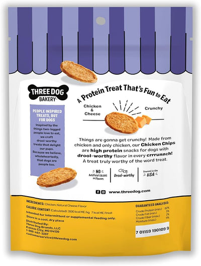 Three Dog Bakery Bark'N Crunch! Chicken & Cheese Chips with 100% Real Chicken - 3.8 oz - Crunchy Treats for Dogs - High Protein Dog Snacks - Grain Free, No Corn or Soy, Limited Ingredient Treats