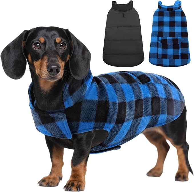 Dog Winter Coat, Fleece Doggie Jacket Plaid Reversible Vest Waterproof Windproof Cold Weather Clothes for Small Medium Large Dogs (XS, Blue)