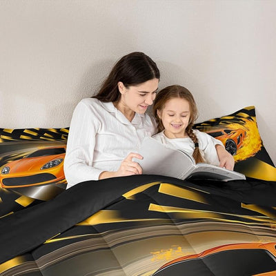 Erosebridal Boys Race Car Comforter Set, Cool Speed Sports Car Bedding Set Full Size for Kids Teens Adult Men, Extreme Sport Quilted Duvet Automobile Checkered Duvet Sets for Bedroom