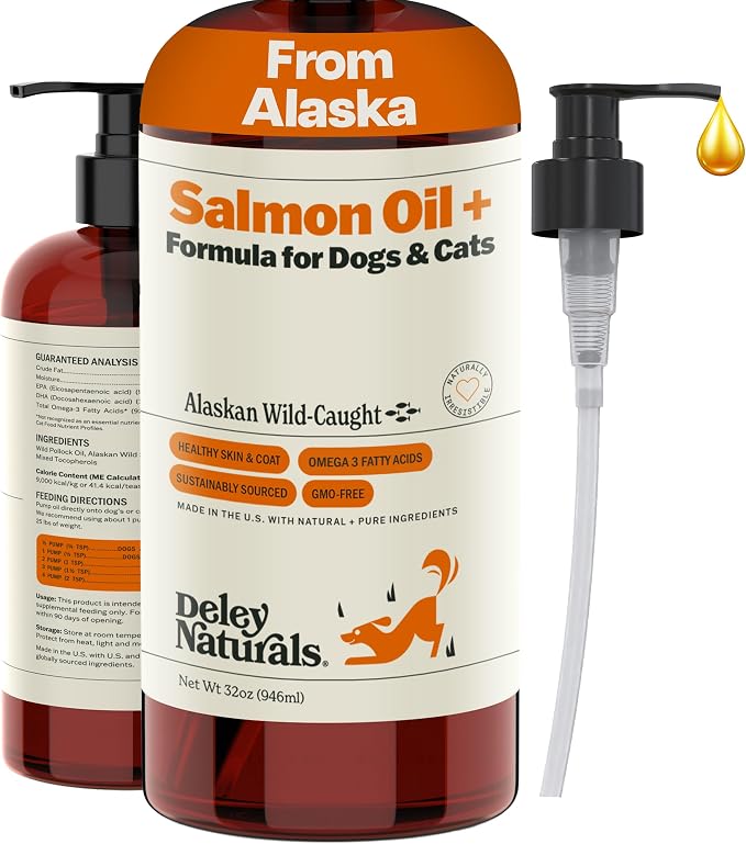 Wild Alaskan Salmon Oil for Dogs & Cats - New and Improved Salmon Oil Plus Formula - Fish Oil for Dogs with Omega 3, DHA and EPA - Omega 3 for Healthy Skin and Coat - 32oz Made in USA
