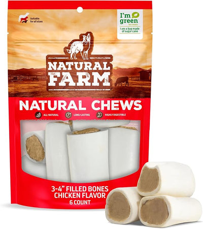 Natural Farm Chicken Filled Bones (3-4 Inch, 6 Pack), Limited Ingredient, Natural Stuffed Dental Dog Bone Treats for Dogs, Made with Real Chicken