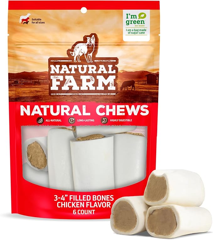 Chicken Filled Bones (3-4 Inch, 6 Pack), Limited Ingredient, Natural Stuffed Dental Dog Bone Treats for Dogs, Made with Real Chicken