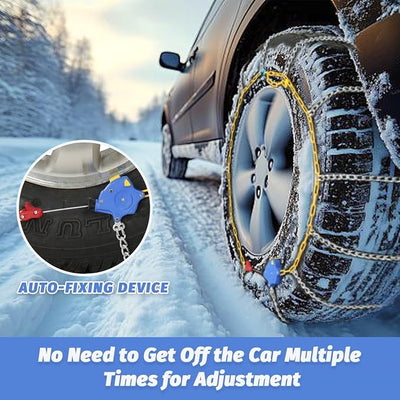 Auto Fixing Snow Chains, 2 x 12 mm, 30s Quick Installation of Tire Chains with Automatic Tensioner, Universal Emergency Tire Traction Chain for Cars, Pickups, and SUVs (HLN 90)