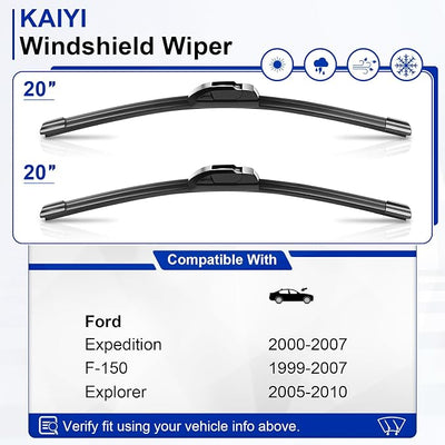 KAIYI 20" + 20" Windshield Wipers Compatible with Ford F-150 1999-2007,Expedition 2000-2007,Explorer 2005-2010 Premium Automotive Replacement Windshield Wiper Blades 2 Pack
