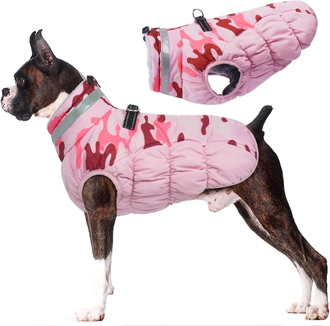 Lelepet Warm Dog Winter Coat Dog Coats for Large Dogs Waterproof Dogs Jacket with Harness Built in Reflective Cold Weather Coats Windproof Zip-Up Winter Fleece Vest Snowsuit Pitbull Pink Camo XXL