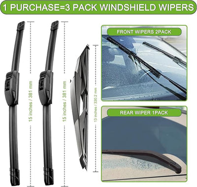 PARRATI® Windshield Wiper Blades for Jeep Wrangler 2007-2017, 3 Pack | 15/15 Inch Front +13 Inch Rear, OEM Replacement, Ultra Quiet, No Streaks All Weather Wiping