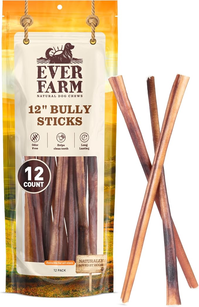 Pet Odor-Free Standard Bully Sticks (12", 12 Pack) – 100% Grass-Fed Beef Pizzle Dog Chews, Fully Digestible & Long-Lasting Dental Treats