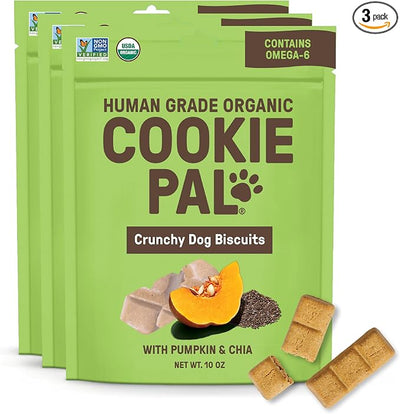 CookiePal Pumpkin Dog Treats with Chia, Human Grade USDA Organic Dog Training Treats, Crunchy Natural Puppy Training Biscuits, 10oz (Pk of 3)